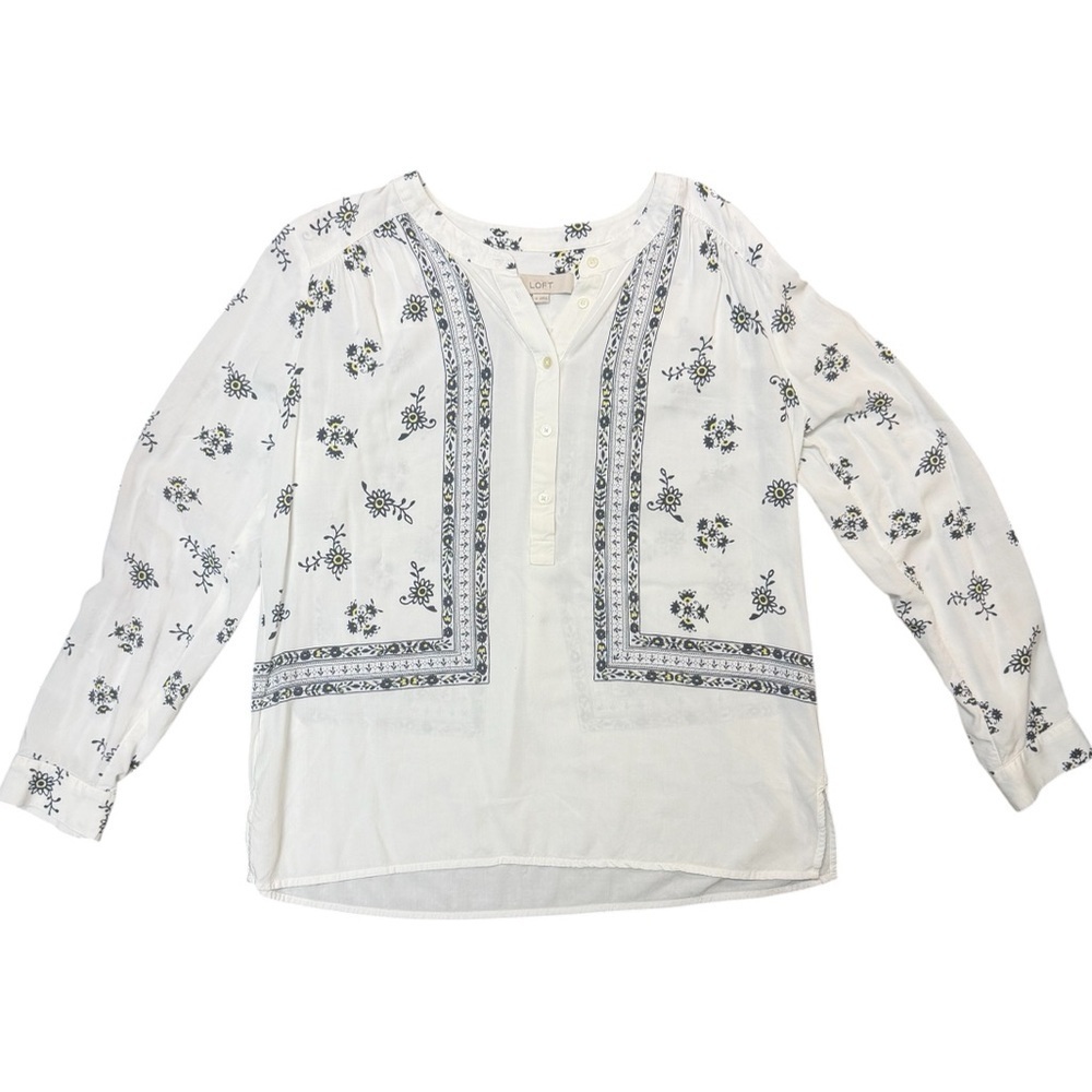 LOFT Boho Floral Tile Print Henley Coastal Grandmother Blouse Peasant Top M - Picture 5 of 11